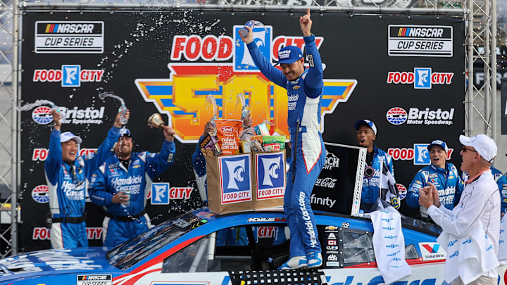 Apr 13, 2025; Bristol, Tennessee, USA; NASCAR Cup Series driver Kyle Larson (5) wins the NASCAR Food City 500 at Bristol Motor Speedway. Mandatory Credit: Randy Sartin-Imagn Images