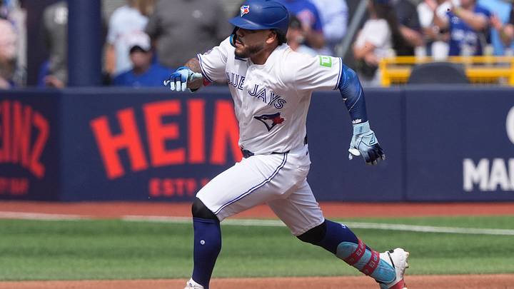 Jul 23, 2026; Toronto, Ontario, CAN; Toronto Blue Jays right fielder Yohendrick Pinango (24) runs to second base on his double against the Tampa Bay Rays during the third inning at Rogers Centre. Mandatory Credit: John E. Sokolowski-Imagn Images