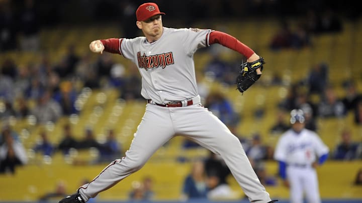 May 7, 2013; Los Angeles, CA, USA; Arizona Diamondbacks relief pitcher J.J. Putz (40) pitches in the ninth inning against the Los Angeles Dodgers at Dodger Stadium. Mandatory Credit: Gary A. Vasquez-Imagn Images