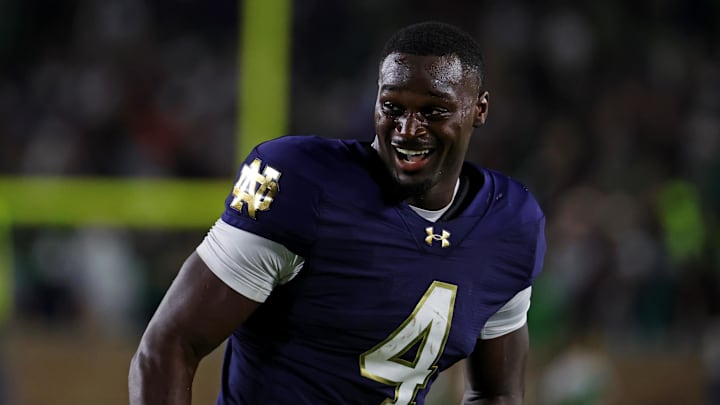 Sep 13, 2025; South Bend, Indiana, USA; Notre Dame Fighting Irish running back Jeremiyah Love (4) reacts after a play during the first half against the Texas A&M Aggies at Notre Dame Stadium. Mandatory Credit: Trevor Ruszkowski-Imagn Images
