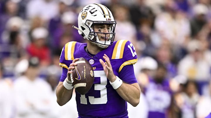 Dec 31, 2024; Houston, TX, USA; LSU Tigers quarterback Garrett Nussmeier (13) throws a pass during the first half against the Baylor Bears at NRG Stadium. The Tigers defeat the Bears 44-31. Mandatory Credit: Maria Lysaker-Imagn Images Dec 31, 2024; Houston, TX, USA; LSU Tigers quarterback Garrett Nussmeier (13) throws a pass during the first half against the Baylor Bears at NRG Stadium. The Tigers defeat the Bears 44-31. Mandatory Credit: Maria Lysaker-Imagn Images