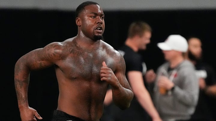 Former Georgia defensive lineman Mykel Williams runs a drill during UGA Footballs Pro Day in Athens, Ga., on Wednesday, March 12, 2025. Representatives from all 32 NFL teams are on hand to watch former UGA football players in action. Former Georgia defensive lineman Mykel Williams runs a drill during UGA Footballs Pro Day in Athens, Ga., on Wednesday, March 12, 2025. Representatives from all 32 NFL teams are on hand to watch former UGA football players in action.