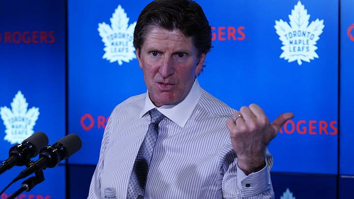 Oct 21, 2019; Toronto, Ontario, CAN; Toronto Maple Leafs head coach Mike Babcock during the post game press conference against the Columbus Blue Jackets at Scotiabank Arena. Columbus defeated Toronto in overtime. Mandatory Credit: John E. Sokolowski-Imagn Images Oct 21, 2019; Toronto, Ontario, CAN; Toronto Maple Leafs head coach Mike Babcock during the post game press conference against the Columbus Blue Jackets at Scotiabank Arena. Columbus defeated Toronto in overtime. Mandatory Credit: John E. Sokolowski-Imagn Images