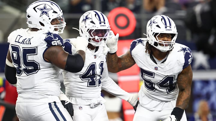 Dallas Cowboys defensive end Donovan Ezeiruaku celebrates after a sack against the Washington Commanders. Dallas Cowboys defensive end Donovan Ezeiruaku celebrates after a sack against the Washington Commanders.