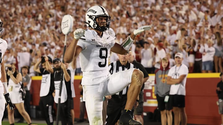 Oct 5, 2024; Ames, Iowa, USA; Iowa State Cyclones wide receiver Jayden Higgins (9) celebrates after scoring a touchdown against the Baylor Bears at Jack Trice Stadium. Mandatory Credit: Reese Strickland-Imagn Images