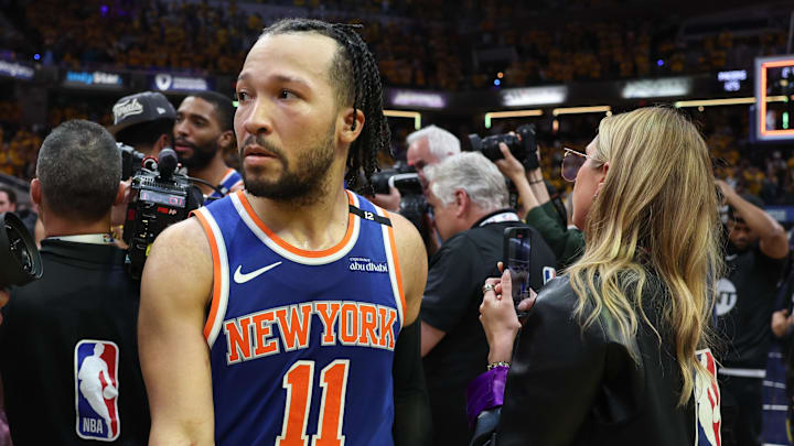 May 31, 2025; Indianapolis, Indiana, USA; New York Knicks guard Jalen Brunson (11) reacts after game six of the eastern conference finals against the Indiana Pacers for the 2025 NBA Playoffs at Gainbridge Fieldhouse. Mandatory Credit: Trevor Ruszkowski-Imagn Images