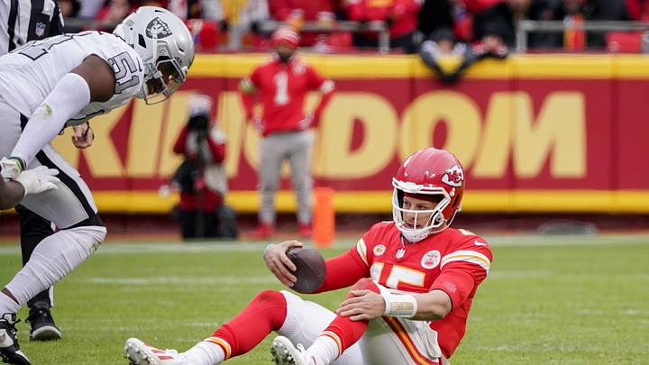 Dec 25, 2023; Kansas City, Missouri, USA; Kansas City Chiefs quarterback Patrick Mahomes (15) reacts after being sacked by Las Vegas Raiders defensive end Malcolm Koonce (51) during the first half at GEHA Field at Arrowhead Stadium. Mandatory Credit: Denny Medley-USA TODAY Sports Dec 25, 2023; Kansas City, Missouri, USA; Kansas City Chiefs quarterback Patrick Mahomes (15) reacts after being sacked by Las Vegas Raiders defensive end Malcolm Koonce (51) during the first half at GEHA Field at Arrowhead Stadium. Mandatory Credit: Denny Medley-USA TODAY Sports
