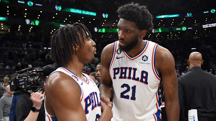 May 9, 2023; Boston, Massachusetts, USA; Philadelphia 76ers guard Tyrese Maxey (0) and center Joel