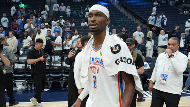 May 26, 2025; Minneapolis, Minnesota, USA; Oklahoma City Thunder guard Shai Gilgeous-Alexander (2) reacts after defeating the Minnesota Timberwolves in game four of the western conference finals for the 2025 NBA Playoffs at Target Center. Mandatory Credit: Jesse Johnson-Imagn Images May 26, 2025; Minneapolis, Minnesota, USA; Oklahoma City Thunder guard Shai Gilgeous-Alexander (2) reacts after defeating the Minnesota Timberwolves in game four of the western conference finals for the 2025 NBA Playoffs at Target Center. Mandatory Credit: Jesse Johnson-Imagn Images