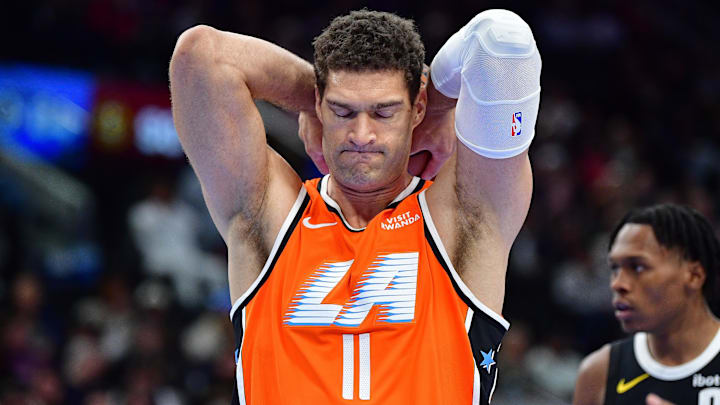 Nov 12, 2025; Inglewood, California, USA; Los Angeles Clippers center Brook Lopez (11) reacts during the second half at Intuit Dome. Mandatory Credit: Gary A. Vasquez-Imagn Images