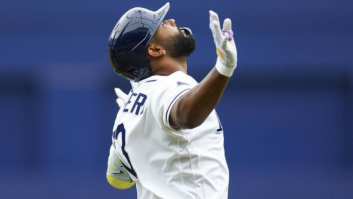 Jun 25, 2026; St. Petersburg, Florida, USA; Tampa Bay Rays third baseman Junior Caminero (13) runs the bases after hitting a two-run home run against the Kansas City Royals in the first inning at Tropicana Field.
