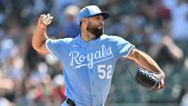 Jun 27, 2026; Chicago, Illinois, USA; Kansas City Royals pitcher Michael Wacha (52) throws against the Chicago White Sox during the first inning at Rate Field. Mandatory Credit: Patrick Gorski-Imagn Images