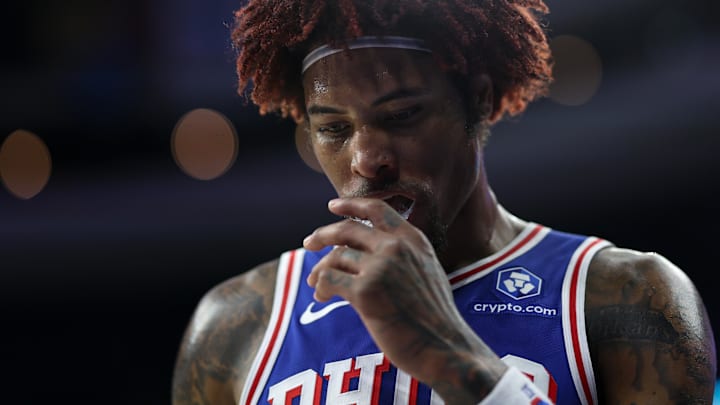 Feb 19, 2026; Philadelphia, Pennsylvania, USA; Philadelphia 76ers guard Kelly Oubre Jr. (9) looks on after a play against the Atlanta Hawks during the third quarter at Xfinity Mobile Arena. Mandatory Credit: Bill Streicher-Imagn Images Feb 19, 2026; Philadelphia, Pennsylvania, USA; Philadelphia 76ers guard Kelly Oubre Jr. (9) looks on after a play against the Atlanta Hawks during the third quarter at Xfinity Mobile Arena. Mandatory Credit: Bill Streicher-Imagn Images