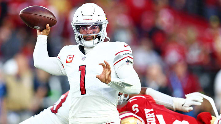 Dec 17, 2023; Glendale, Arizona, USA; Arizona Cardinals quarterback Kyler Murray (1) throws a pass during the second half against the San Francisco 49ers at State Farm Stadium. Mandatory Credit: Mark J. Rebilas-Imagn Images
