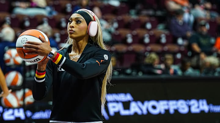 Oct 6, 2024; Uncasville, Connecticut, USA; Connecticut Sun guard DiJonai Carrington (21) warms up before the start of game four of the 2024 WNBA Semi-finals against the Minnesota Lynx 