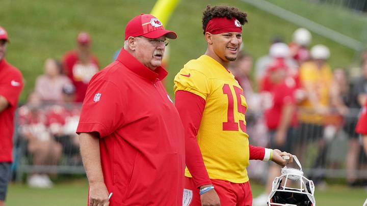 Jul 24, 2023; St. Joseph, MO, USA; Kansas City Chiefs quarterback Patrick Mahomes (15) and head coach Andy Reid watch drills during training camp at Missouri Western State University. Mandatory Credit: Denny Medley-USA TODAY Sports Jul 24, 2023; St. Joseph, MO, USA; Kansas City Chiefs quarterback Patrick Mahomes (15) and head coach Andy Reid watch drills during training camp at Missouri Western State University. Mandatory Credit: Denny Medley-USA TODAY Sports