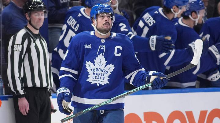 Mar 12, 2026; Toronto, Ontario, CAN; Toronto Maple Leafs forward Auston Matthews (34) looks up at the scoreboard after scoring against the Anaheim Ducks during the second period at Scotiabank Arena. Mandatory Credit: John E. Sokolowski-Imagn Images