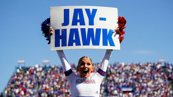 Oct 8, 2022; Lawrence, Kansas, USA; A Kansas Jayhawks performs during the second half against the TCU Horned Frogs at David Booth Kansas Memorial Stadium.