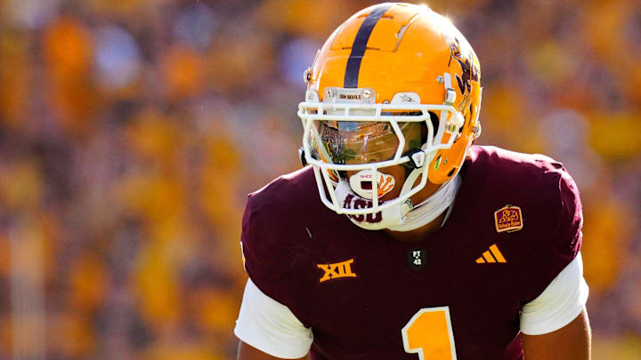 Arizona State wide receiver Xavier Guillory (1) lines up across from BYU during the first half at Mountain America Stadium in Tempe on Nov. 23, 2024.