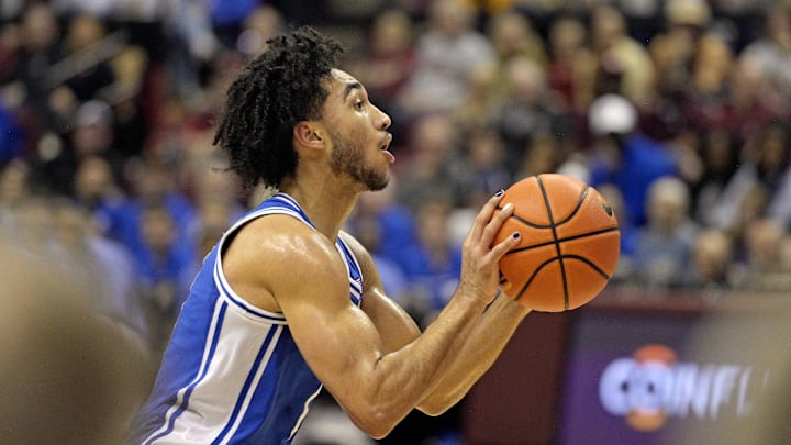 Feb 17, 2024; Tallahassee, Florida, USA; Duke Blue Devils guard Jared McCain (0) shoots a three