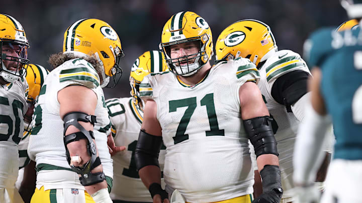 Green Bay Packers center Josh Myers listens to the play call during the playofff game against the Philadelphia Eagles.