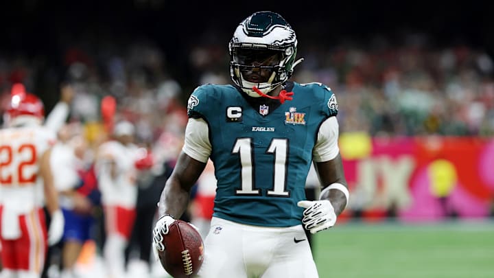 Philadelphia Eagles wide receiver A.J. Brown (11) reacts after making a catch against the Kansas City Chiefs during the first half of Super Bowl LIX at Caesars Superdome. 