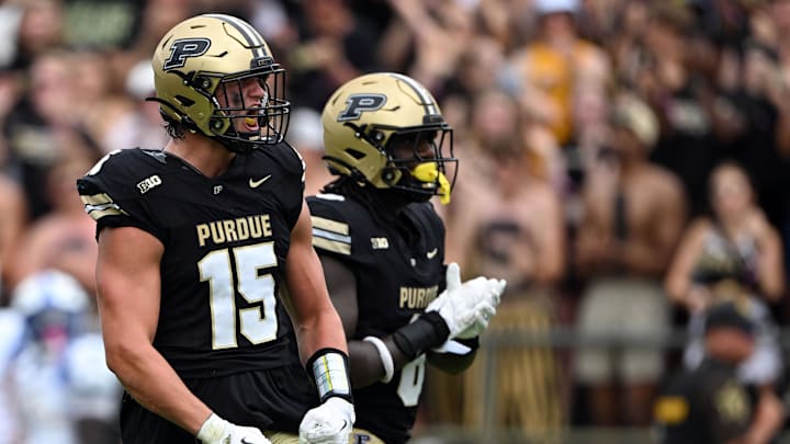 Purdue Boilermakers defensive end Will Heldt (15) celebrates a sack Purdue Boilermakers defensive end Will Heldt (15) celebrates a sack