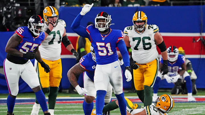 Dec 11, 2023; East Rutherford, New Jersey, USA; New York Giants linebacker Azeez Ojulari (51) celebrates after making a sack on Green Bay Packers quarterback Jordan Love (10) during the fourth quarter at MetLife Stadium. Mandatory Credit: Robert Deutsch-Imagn Images Dec 11, 2023; East Rutherford, New Jersey, USA; New York Giants linebacker Azeez Ojulari (51) celebrates after making a sack on Green Bay Packers quarterback Jordan Love (10) during the fourth quarter at MetLife Stadium. Mandatory Credit: Robert Deutsch-Imagn Images