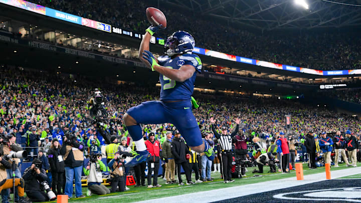Jan 17, 2026; Seattle, WA, USA; Seattle Seahawks running back Kenneth Walker III (9) reacts after scoring a touchdown against the San Francisco 49ers during the second half in an NFC Divisional Round game at Lumen Field. Mandatory Credit: Steven Bisig-Imagn Images Jan 17, 2026; Seattle, WA, USA; Seattle Seahawks running back Kenneth Walker III (9) reacts after scoring a touchdown against the San Francisco 49ers during the second half in an NFC Divisional Round game at Lumen Field. Mandatory Credit: Steven Bisig-Imagn Images
