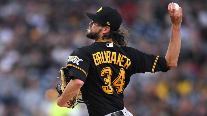 May 28, 2022; San Diego, California, USA; Pittsburgh Pirates starting pitcher J.T. Brubaker (34) throws a pitch against the San Diego Padres during the first inning at Petco Park. Mandatory Credit: Orlando Ramirez-USA TODAY Sports