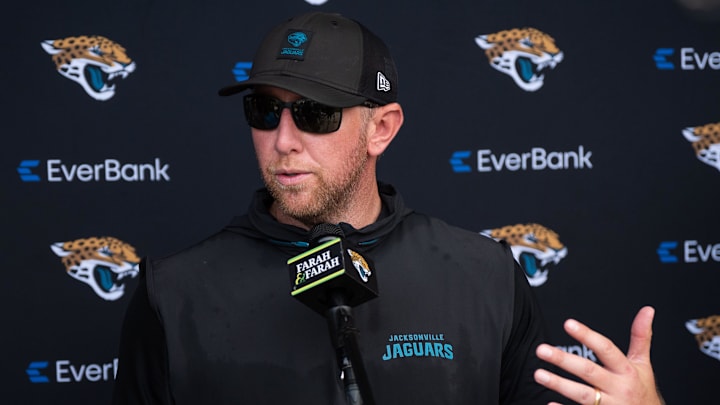 Jacksonville Jaguars head coach Liam Coen answers questions after the Jaguar’s 12th NFL training camp session at the Miller Electric Center, Thursday, Aug. 7, 2025, in Jacksonville, Fla. [Doug Engle/Florida Times-Union]