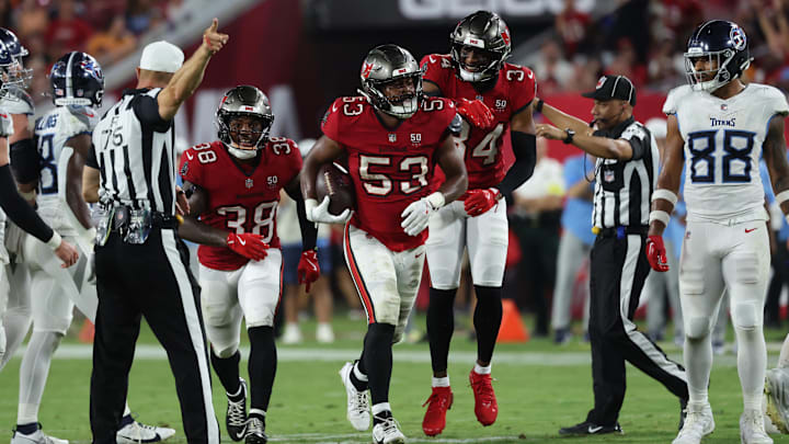 Aug 9, 2025; Tampa, Florida, USA; Tampa Bay Buccaneers linebacker Nick Jackson (53) after intercepting the ball against the Tennessee Titans during the second half at Raymond James Stadium. Mandatory Credit: Kim Klement Neitzel-Imagn Images