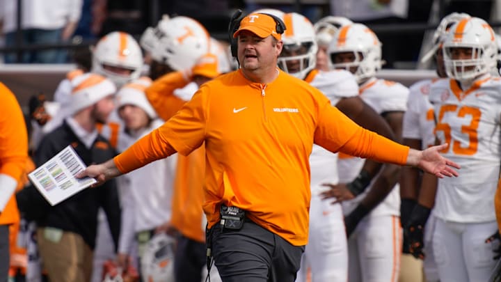 Tennessee head coach Josh Heupel disputes a call during the second quarter at FirstBank Stadium in Nashville, Tenn., Saturday, Nov. 30, 2024.
