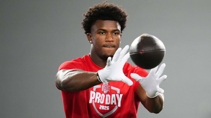 Ohio State Buckeyes defensive back Caleb Downs catches a ball during Pro Day for NFL scouts at the Woody Hayes Athletics Center on March 25, 2026.