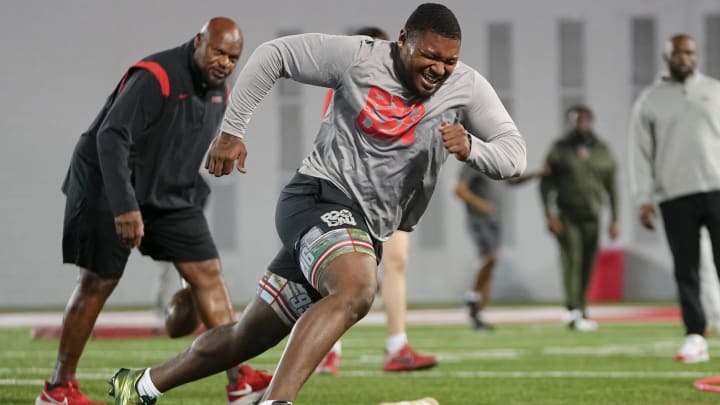 Mar 20, 2024; Columbus, Ohio, USA; Ohio State Buckeyes defensive tackle Michael Hall Jr. runs a circle drill during Pro Day at the Woody Hayes Athletic Center. Mar 20, 2024; Columbus, Ohio, USA; Ohio State Buckeyes defensive tackle Michael Hall Jr. runs a circle drill during Pro Day at the Woody Hayes Athletic Center.