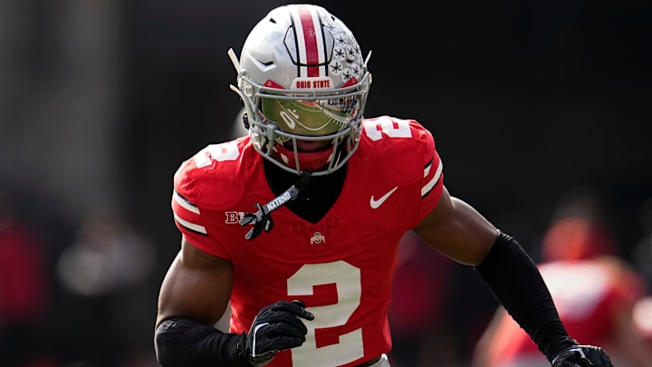 Ohio State Buckeyes defensive back Caleb Downs (2) warms up during the NCAA football game against the Penn State Nittany Lions at Ohio Stadium in Columbus on Nov. 1, 2025.