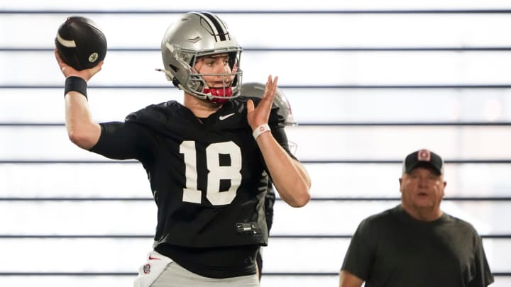 Mar 7, 2024; Columbus, OH, USA; Ohio State Buckeyes offensive coordinator Chip Kelly watches Mar 7, 2024; Columbus, OH, USA; Ohio State Buckeyes offensive coordinator Chip Kelly watches