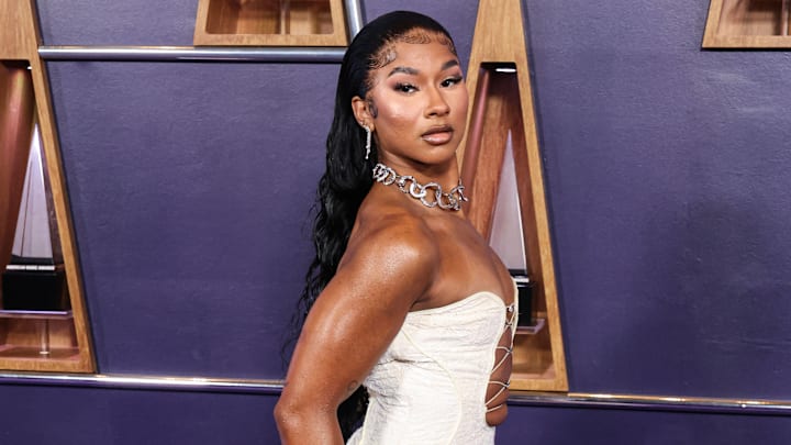 Arrivals Jordan Chiles wearing a Marine Serre dress arrives at the 2025 American Music Awards held at the Fontainebleau Las Vegas in Las Vegas.