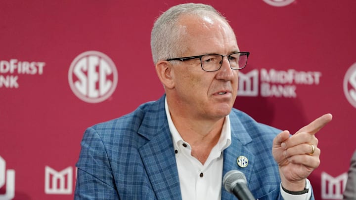 SEC commissioner Greg Sankey talks during a press conference before a celebration for OU joining the Southeastern Conference in Norman, Okla., Monday, July 1, 2024.