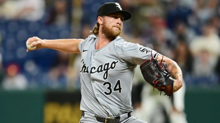 Apr 9, 2024; Cleveland, Ohio, USA; Chicago White Sox pitcher Michael Kopech (34) throws a pitch during the ninth inning against the Cleveland Guardians at Progressive Field.