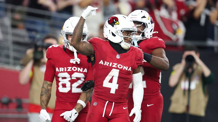 Nov 23, 2025; Glendale, Arizona, USA; Arizona Cardinals wide receiver Greg Dortch (4) celebrates after scoring a touchdown during the fourth quarter against the Jacksonville Jaguars at State Farm Stadium Nov 23, 2025; Glendale, Arizona, USA; Arizona Cardinals wide receiver Greg Dortch (4) celebrates after scoring a touchdown during the fourth quarter against the Jacksonville Jaguars at State Farm Stadium