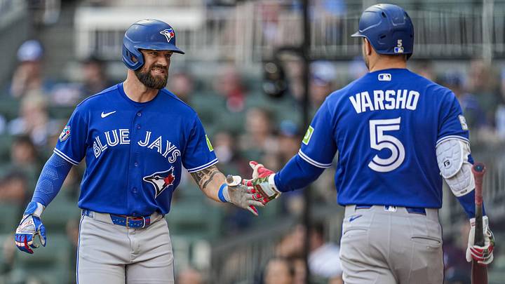 Blue Jays left fielder Nathan Lukes (38) reacts with center fielder Daulton Varsho (5) after hitting a home run Blue Jays left fielder Nathan Lukes (38) reacts with center fielder Daulton Varsho (5) after hitting a home run
