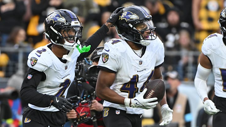 Nov 17, 2024; Pittsburgh, Pennsylvania, USA; Baltimore Ravens cornerback Marlon Humphrey (44) celebrates with Nate Wiggins (2) after ntercepting a pass in the end zone against the Pittsburgh Steelers during the fourth quarter at Acrisure Stadium. Mandatory Credit: Barry Reeger-Imagn Images