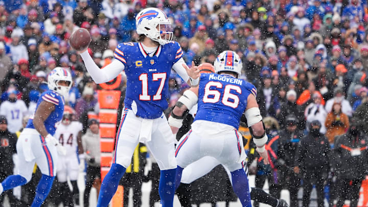 Dec 7, 2025; Orchard Park, New York, USA; Buffalo Bills quarterback Josh Allen (17) throws the ball in the second quarter against the Cincinnati Bengals at Highmark Stadium. Dec 7, 2025; Orchard Park, New York, USA; Buffalo Bills quarterback Josh Allen (17) throws the ball in the second quarter against the Cincinnati Bengals at Highmark Stadium.