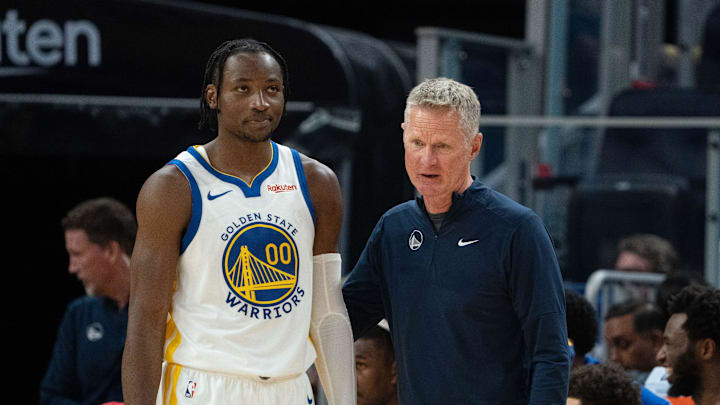 October 20, 2023; San Francisco, California, USA; Golden State Warriors head coach Steve Kerr (right) talks to forward Jonathan Kuminga (00) during the third quarter against the San Antonio Spurs at Chase Center. Mandatory Credit: Kyle Terada-Imagn Images October 20, 2023; San Francisco, California, USA; Golden State Warriors head coach Steve Kerr (right) talks to forward Jonathan Kuminga (00) during the third quarter against the San Antonio Spurs at Chase Center. Mandatory Credit: Kyle Terada-Imagn Images