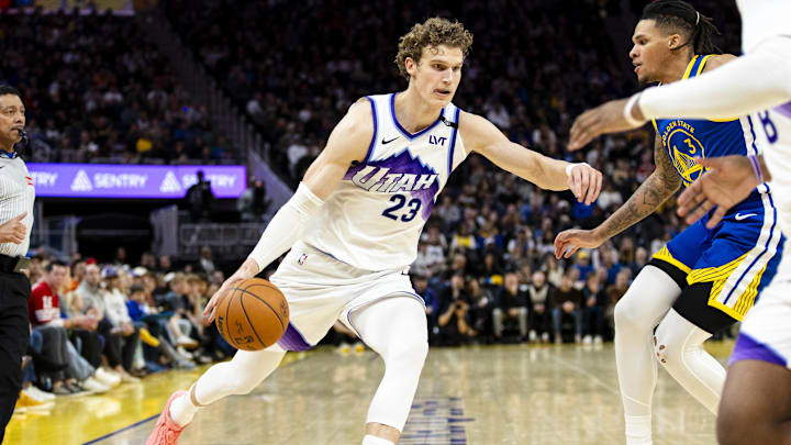 Jan 3, 2026; San Francisco, California, USA; Utah Jazz forward Lauri Markkanen (23) drives to the basket against the Golden State Warriors during the third quarter at Chase Center. Mandatory Credit: John Hefti-Imagn Images Jan 3, 2026; San Francisco, California, USA; Utah Jazz forward Lauri Markkanen (23) drives to the basket against the Golden State Warriors during the third quarter at Chase Center. Mandatory Credit: John Hefti-Imagn Images