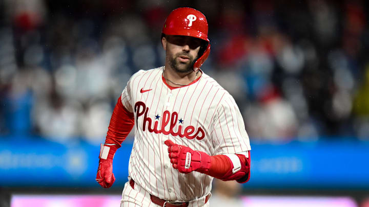 May 4, 2024; Philadelphia, Pennsylvania, USA; Philadelphia Phillies outfielder Whit Merrifield (9) rounds the bases after hitting a solo home run against the San Francisco Giants during the seventh inning at Citizens Bank Park. May 4, 2024; Philadelphia, Pennsylvania, USA; Philadelphia Phillies outfielder Whit Merrifield (9) rounds the bases after hitting a solo home run against the San Francisco Giants during the seventh inning at Citizens Bank Park.