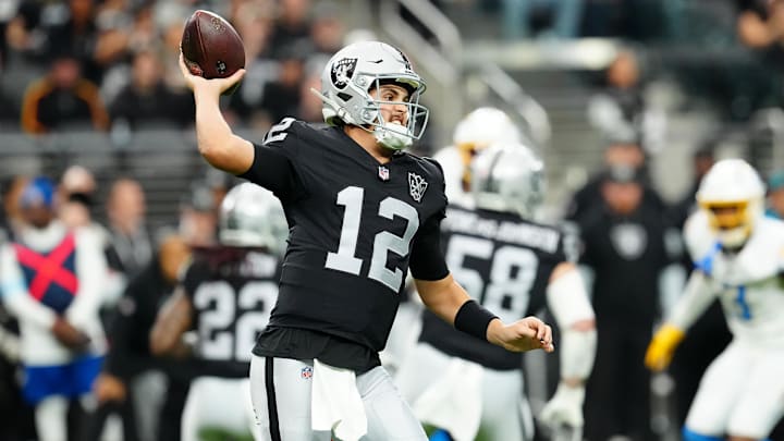Jan 5, 2025; Paradise, Nevada, USA; Las Vegas Raiders quarterback Aidan O'Connell (12) makes a pass attempt against the Los Angeles Chargers during the first quarter at Allegiant Stadium. Mandatory Credit: Stephen R. Sylvanie-Imagn Images Jan 5, 2025; Paradise, Nevada, USA; Las Vegas Raiders quarterback Aidan O'Connell (12) makes a pass attempt against the Los Angeles Chargers during the first quarter at Allegiant Stadium. Mandatory Credit: Stephen R. Sylvanie-Imagn Images