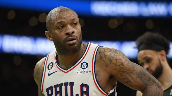 May 9, 2023; Boston, Massachusetts, USA; Philadelphia 76ers forward P.J. Tucker (17) in the second half during game five of the 2023 NBA playoffs against the Boston Celtics at TD Garden. Mandatory Credit: Bob DeChiara-Imagn Images