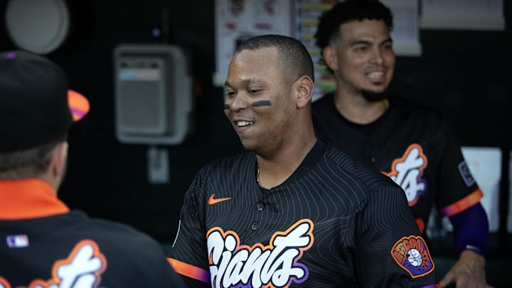 Jun 17, 2025; San Francisco, California, USA; San Francisco Giants designated hitter Rafael Devers (16) greets his new teammates in the dugout before taking on the Cleveland Guardians during the first inning at Oracle Park. Mandatory Credit: D. Ross Cameron-Imagn Images Jun 17, 2025; San Francisco, California, USA; San Francisco Giants designated hitter Rafael Devers (16) greets his new teammates in the dugout before taking on the Cleveland Guardians during the first inning at Oracle Park. Mandatory Credit: D. Ross Cameron-Imagn Images